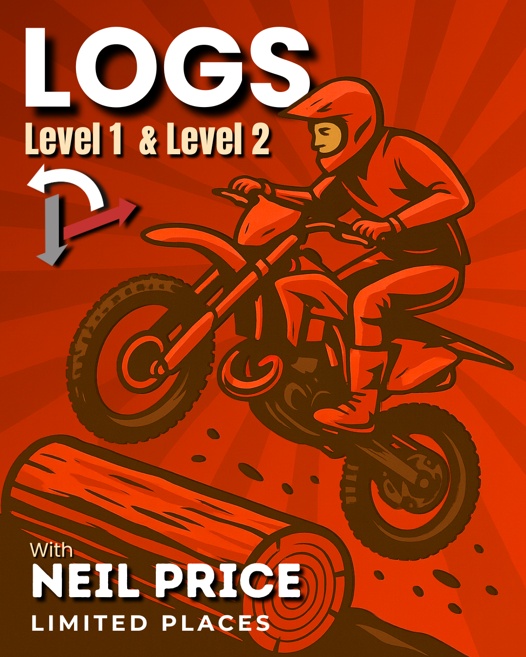Promotional graphic for 'LOGS Level 1 & Level 2' with a person on a dirt bike against a red background.